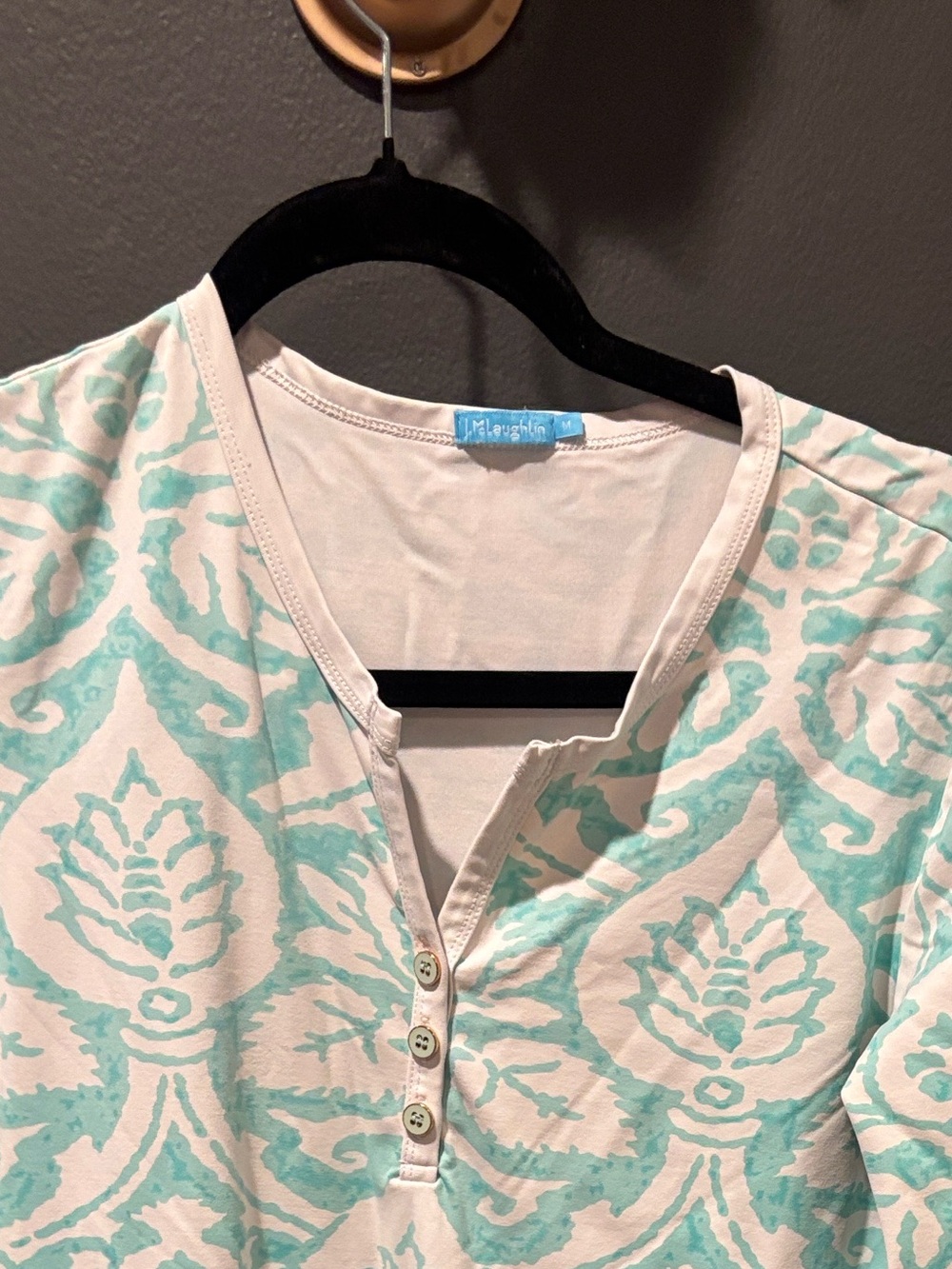 J. McLaughlin Cream and Mint Green Henley Top